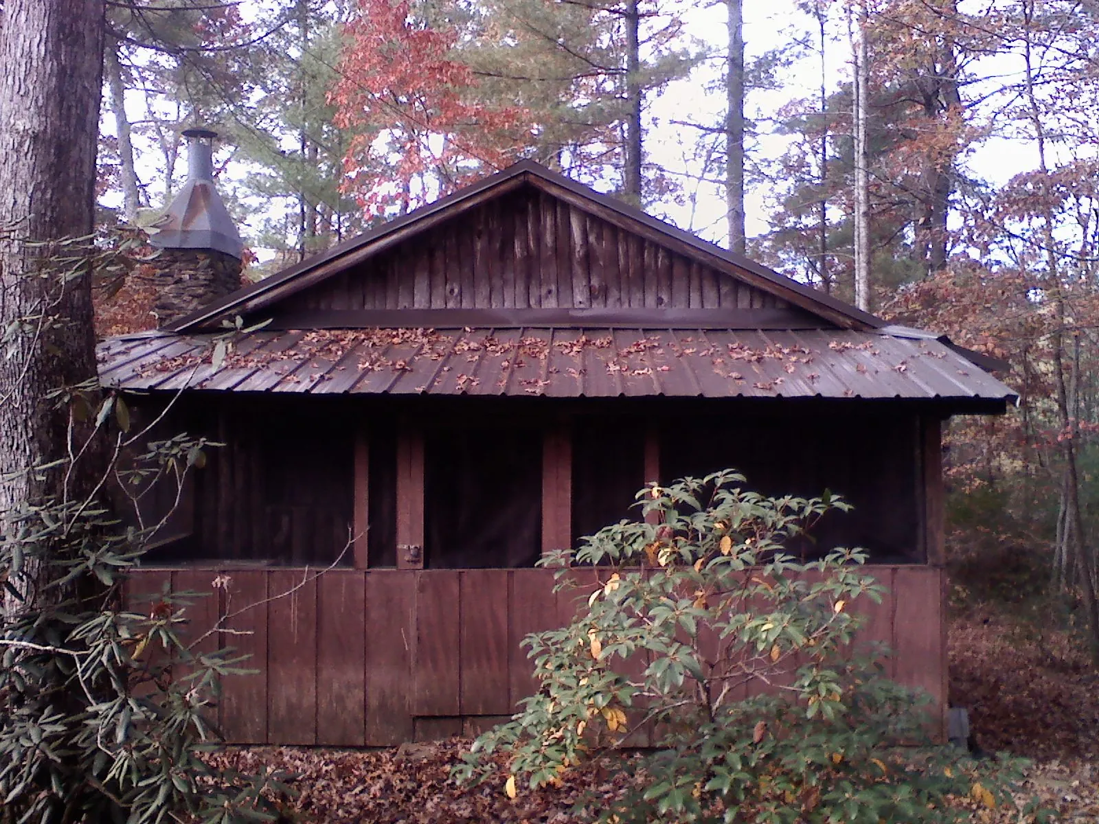 Metal roof over the screened porch of a rustic cabin in Kimberton